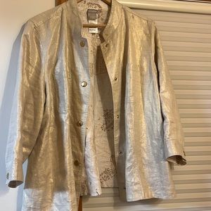 Chicos shimmery champagne jacket with gold button detailing. Simply stunning!